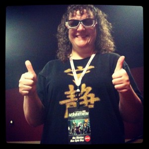 Angie in Avengers 3D glasses and Marathon lanyard
