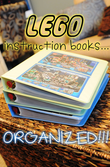 Lego instruction books, organized in page protectors and binders