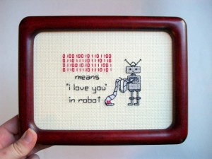 "I Love You" in robot - cross-stitch