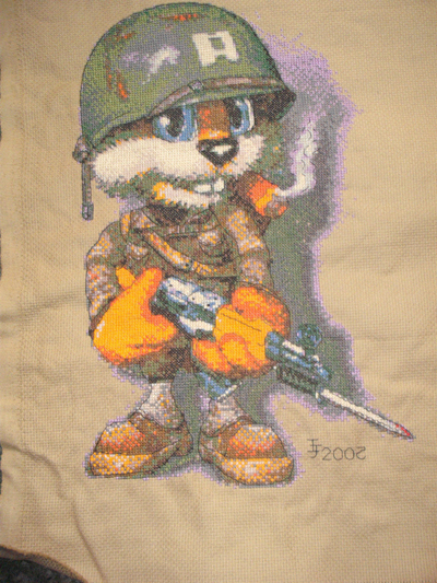 Conker the Squirrel in Cross-stitch